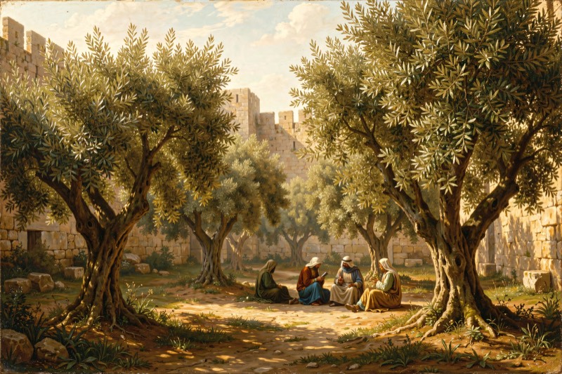 A walled Greek garden with a fountain and clipped hedges