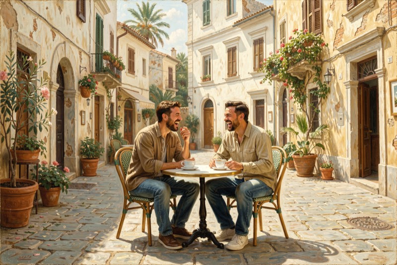 Two people laughing over coffee