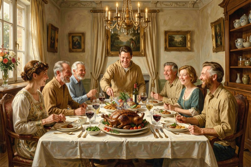 A roast dinner served to eight guests