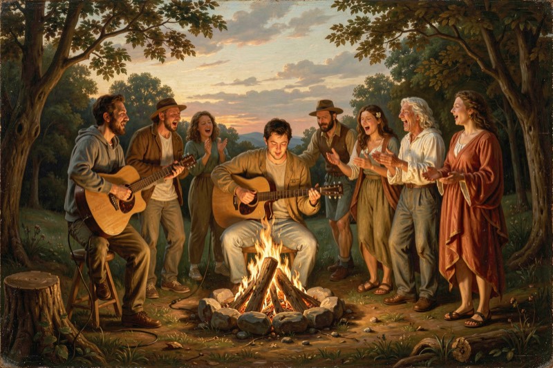 A guitar by a fire, friends singing