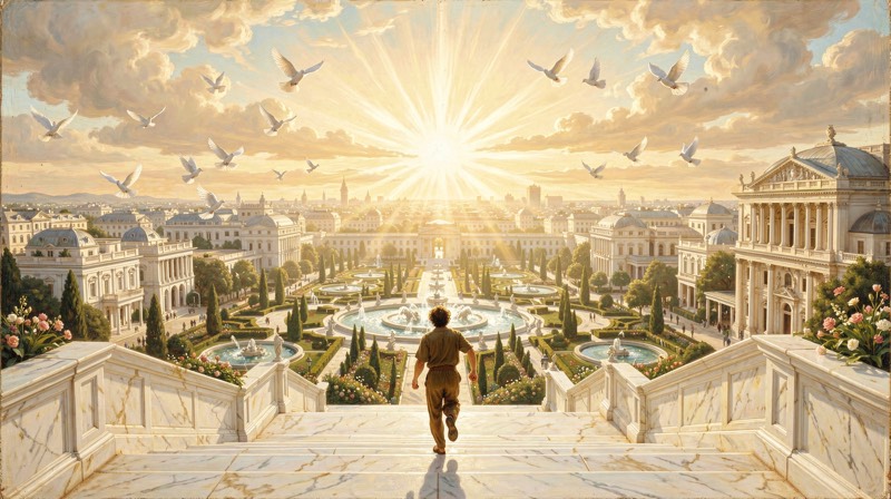 A person on white marble steps above a bright city