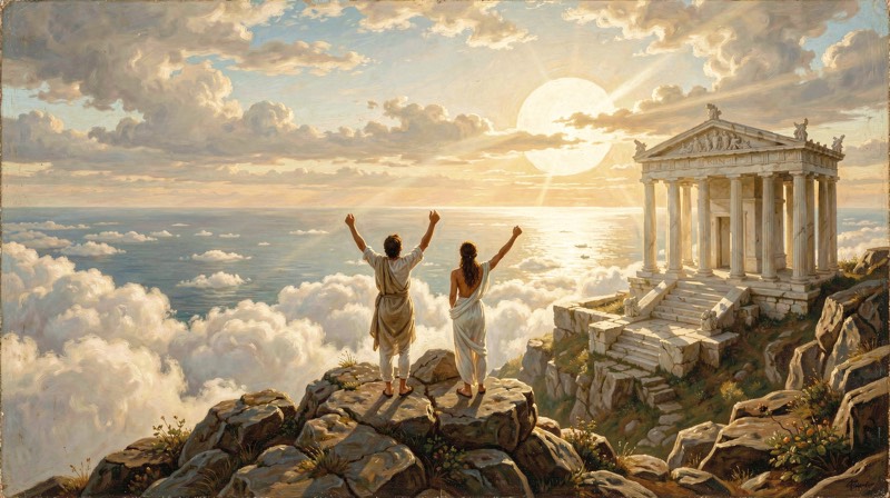 Two people on a sunlit summit above the clouds, arms raised