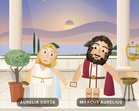 Aurelia and Marcus Aurelius standing in the Light School portico